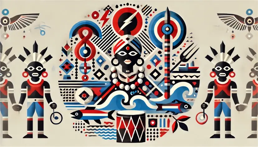 Ilustración representando elementos clave de la cultura afrocubana, como deidades de la Santería y el Palo Monte, símbolos de la naturaleza, tambores y adornos, destacando el legado ancestral africano.