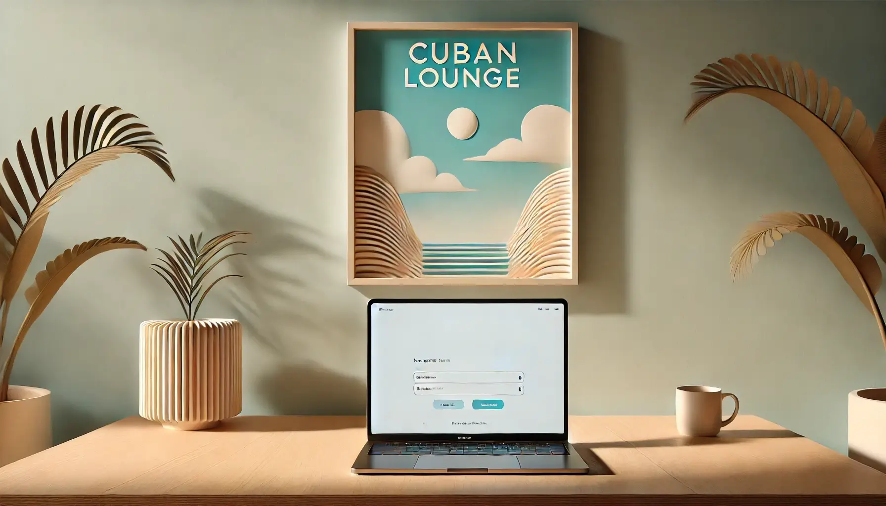 espacio-de-trabajo-cuban-lounge Espacio de trabajo minimalista con un portátil abierto, una taza de café y un cuadro en la pared que dice 'Cuban Lounge', representando la conexión entre arte, cultura y tradición cubana.