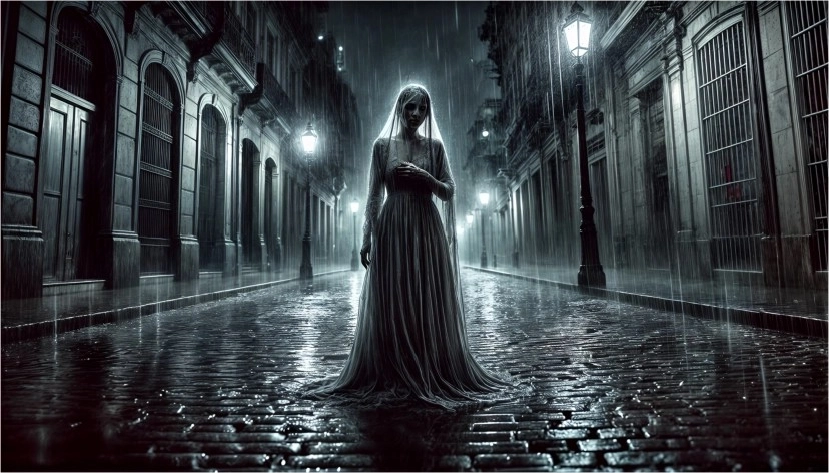La escalofriante figura de La Llorona de La Habana bajo la lluvia en una calle empedrada de La Habana Vieja, envuelta en un ambiente de misterio y tristeza.