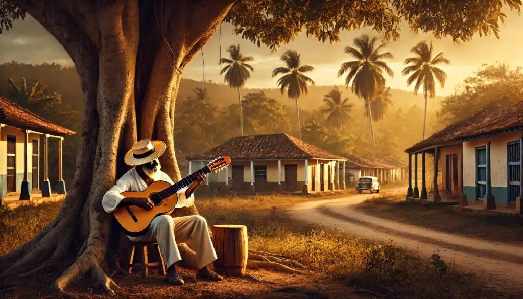 Músico cubano tocando un tres bajo un árbol en un pueblo rural, rodeado de casas coloniales y palmeras al atardecer.
