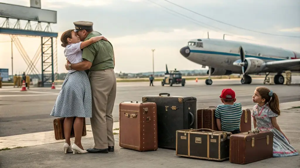 Una emotiva despedida en un aeropuerto cubano durante los años 60, representando el contexto de la Operación Peter Pan.