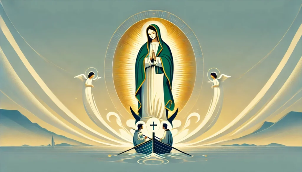 Ilustración de la leyenda de la Virgen de la Caridad del Cobre sobre una barca con los tres jóvenes pescadores y ángeles a su alrededor.