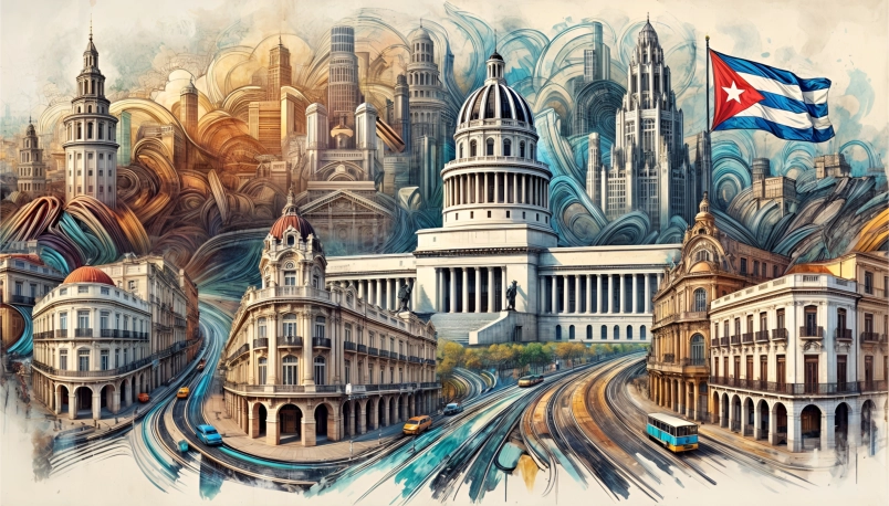 Iconica arquitectura cubana con el Capitolio de La Habana, edificios barrocos, neoclásicos y modernistas, reflejando el patrimonio histórico y cultural de Cuba.
