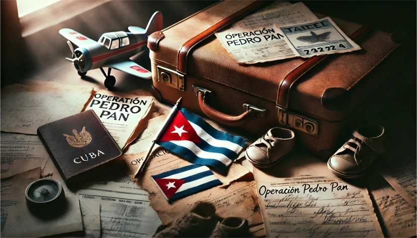 Maleta y documentos de la Operación Pedro Pan, con la bandera de Cuba, simbolizando el exilio cubano de Miguel Angel Bezos y su historia de superación como padre adoptivo de Jeff Bezos.