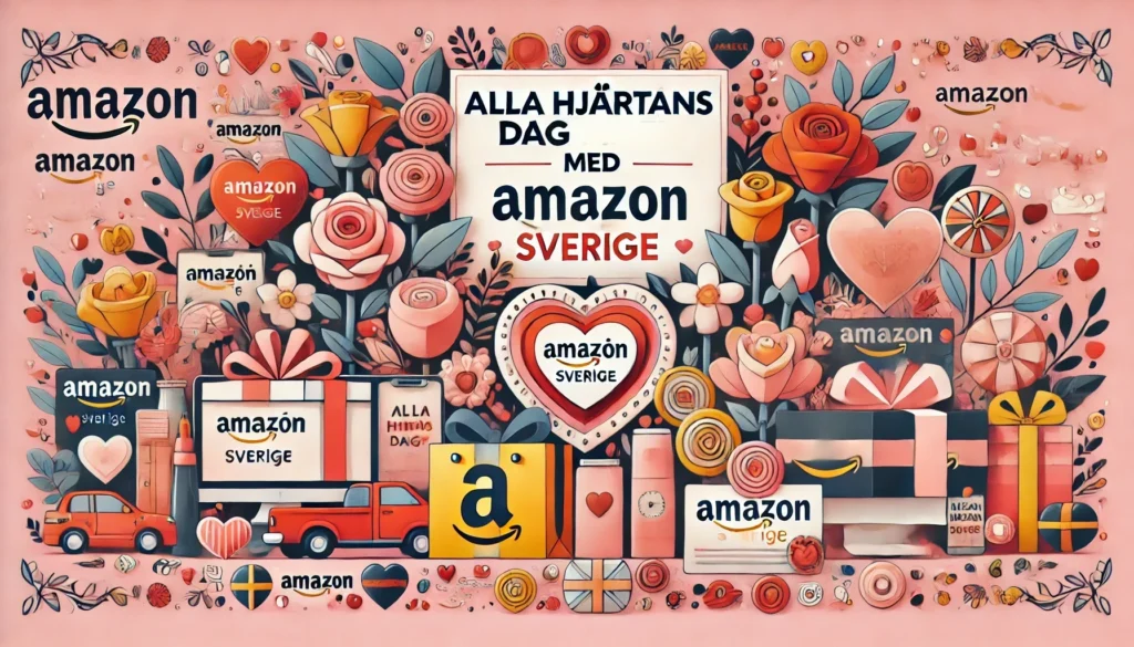 Illustration av Alla hjärtans dag med Amazon Sverige – en färgglad design med hjärtan, blommor, presenter och Amazon-logotyper.