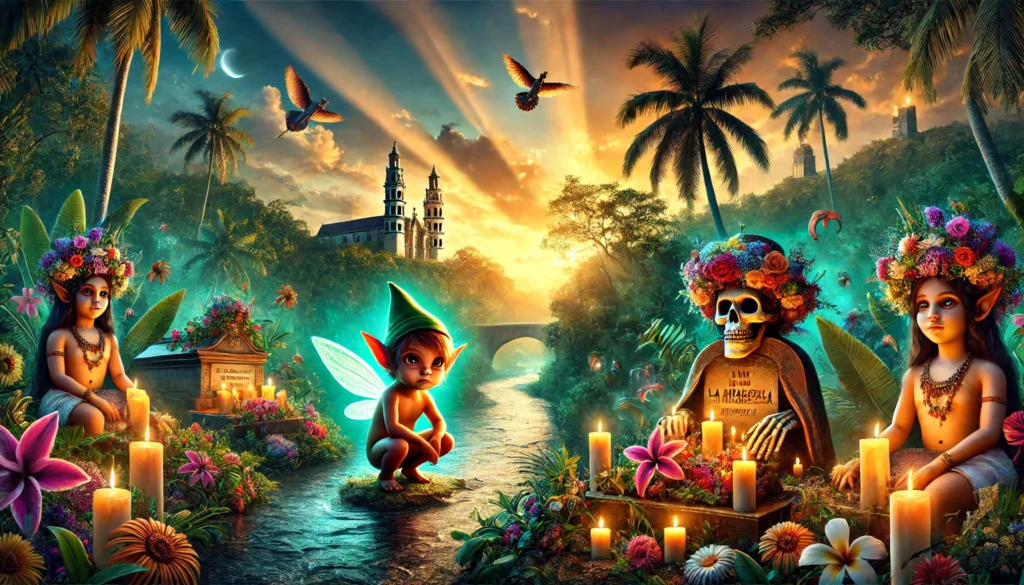 Collage ilustrativo de leyendas y mitos cubanos, mostrando a El Guije junto a un río tropical, La Milagrosa en un cementerio con velas y flores, y La Giraldilla bajo un atardecer cálido, con un fondo de naturaleza caribeña y palmeras.