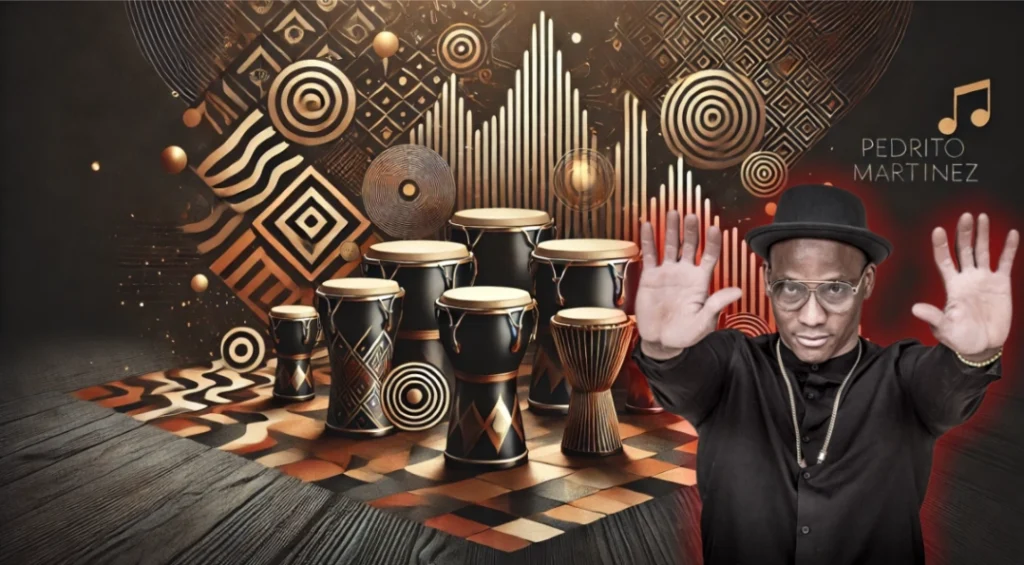 Pedrito Martínez tocando percusión afrocubana con tambores batá, representando la fusión de la música tradicional cubana con el jazz y otros géneros.