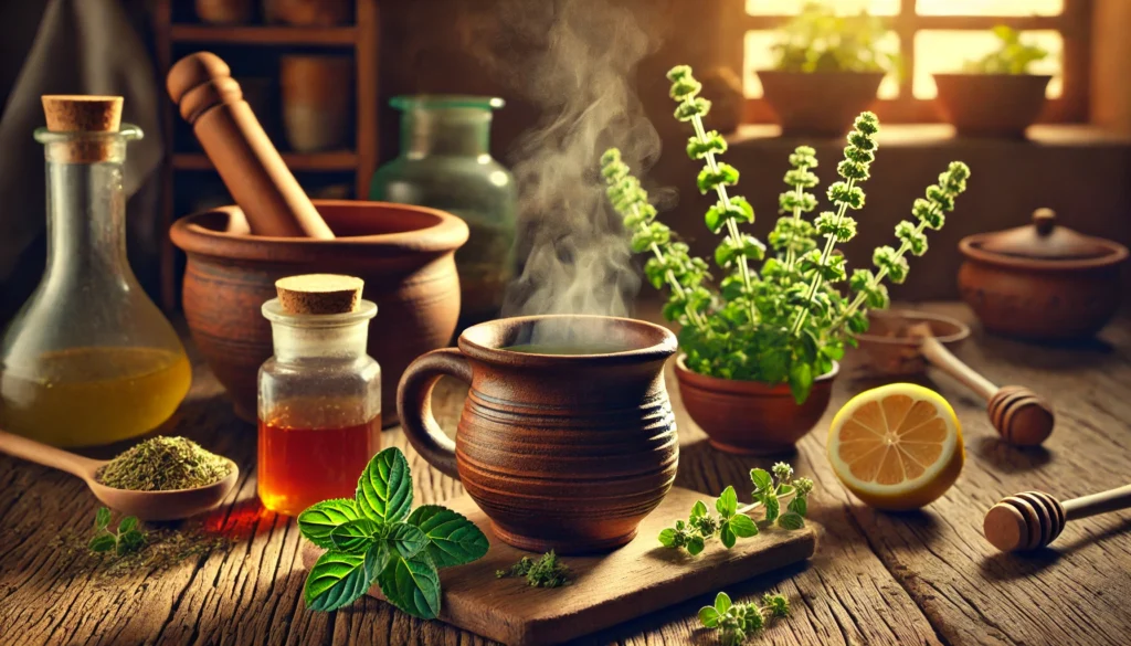 Infusión de orégano y hierbas medicinales, remedio casero cubano para la salud natural.