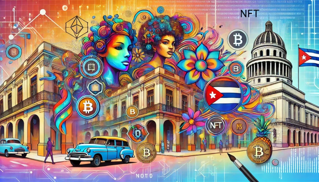 Ilustración de arte cubano digital con arquitectura colonial, símbolos afrocubanos, NFT, blockchain e inteligencia artificial en un entorno futurista.