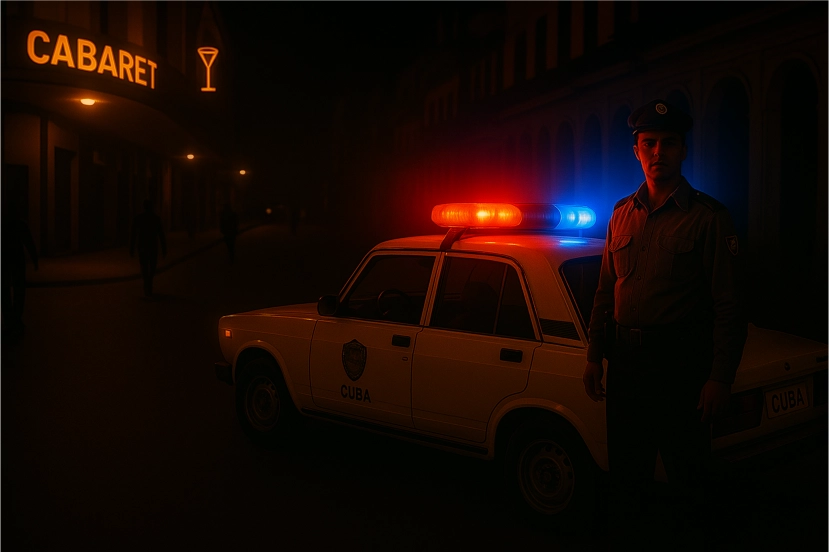 Operativo policial nocturno en Cuba con fuerte presencia estatal, reflejando la represión cultural y el cierre de centros emblemáticos en La Habana durante la Operación Lacra.