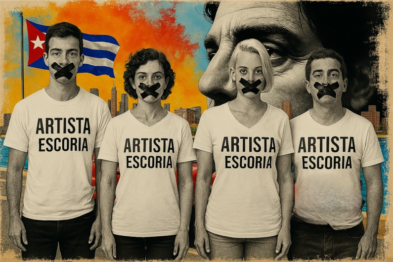 Fotomontaje artístico donde cuatro artistas cubanos en blanco y negro aparecen con la boca sellada, frente a un fondo colorido con símbolos de crítica al régimen revolucionario, reflejando la censura cultural en Cuba.