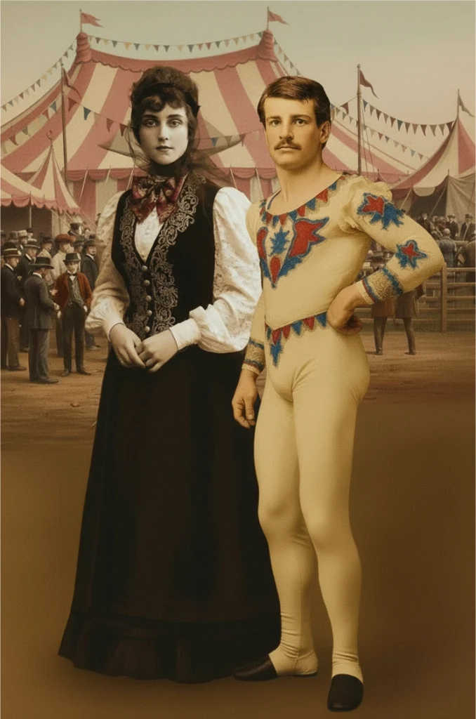 Ilustración de artistas de circo frente a una carpa; origen del dicho cubano "Murió como Chacumbele"