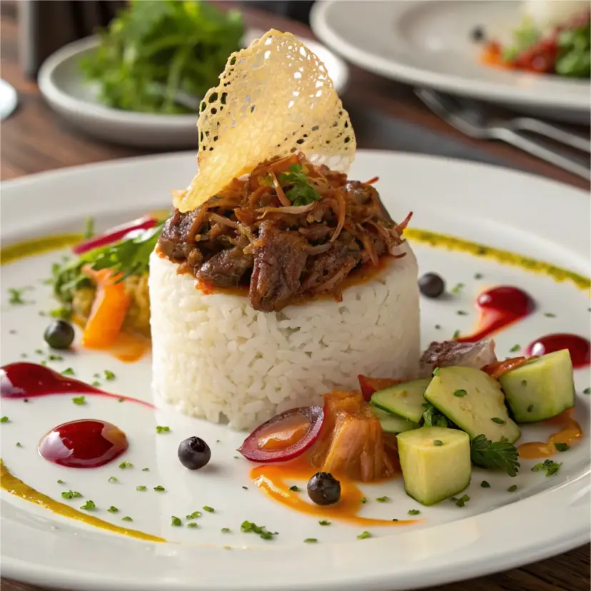 Ropa vieja cubana sobre arroz blanco, emplatado gourmet con aguacate y salsas; clásico de la gastronomía cubana.
